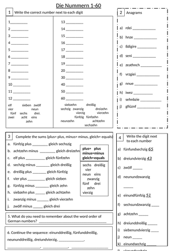 German numbers 1-60 Conti style worksheet