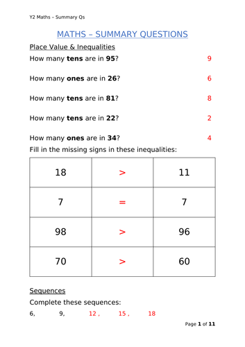 Y2 Maths - Summary Qs