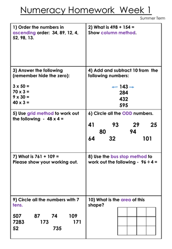 LSK2 Maths Homework 12 weeks - Summer Term