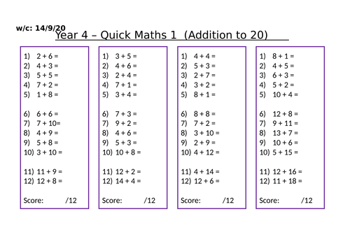 Quick Maths LKS2 Arithmetic Practice - 18 weeks, differentiated