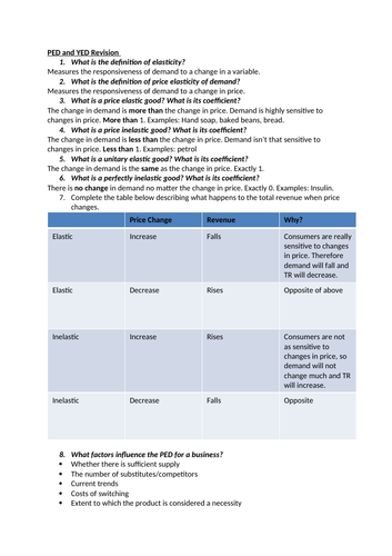 PED and YED Revision Quiz