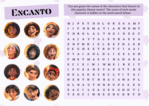 Encanto Movie Inspired Movie Wordsearch Activity Sheet with Answers