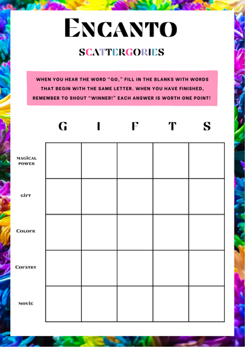 Encanto Movie Inspired Scattergories Game  Activity / Worksheet