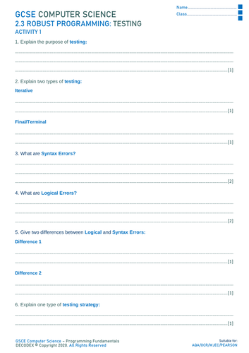 OCR/AQA/Pearson GCSE Computer Science - Testing