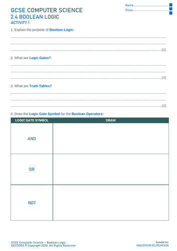 OCR/AQA/Pearson GCSE Computer Science - Boolean Logic