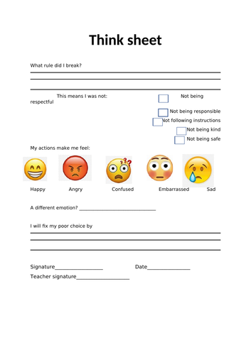 Behaviors reflection sheet