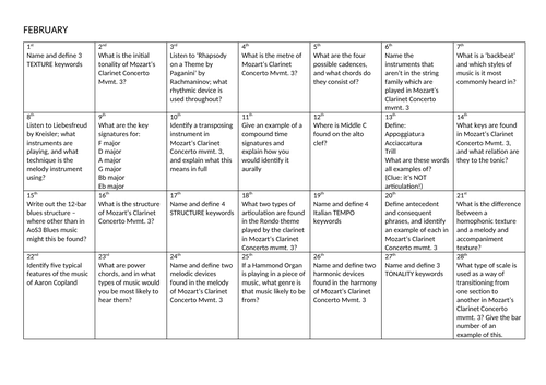 AQA GCSE Music Listening Calendar