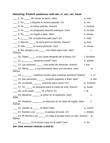 Preterit dar ir ser ver hacer sentence matching practice