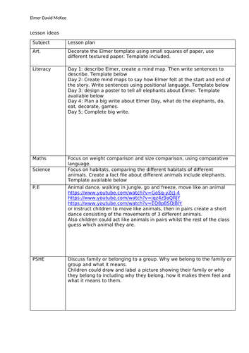 Elmer lesson plans covering 6 subjects