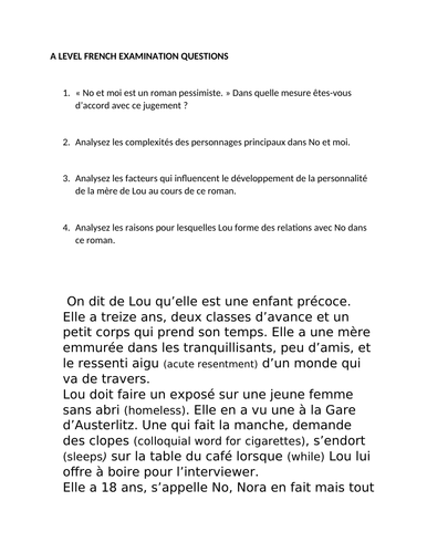 A LEVEL FRENCH 'NO ET MOI' mock exam questions and brief synopsis of plot in French