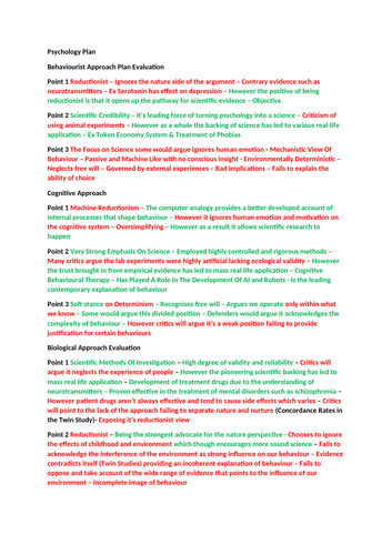 Approaches Psychology A-Level Evaluation Plans