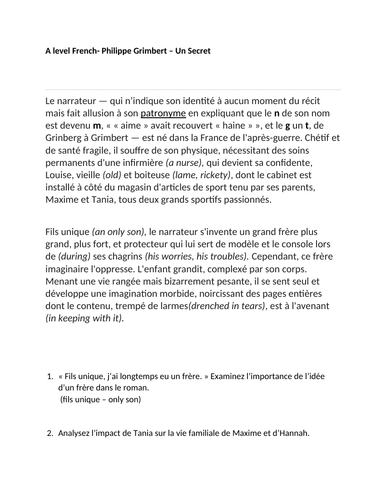 Philippe Grimbert – Un Secret; A LEVEL FRENCH collection of exam questions