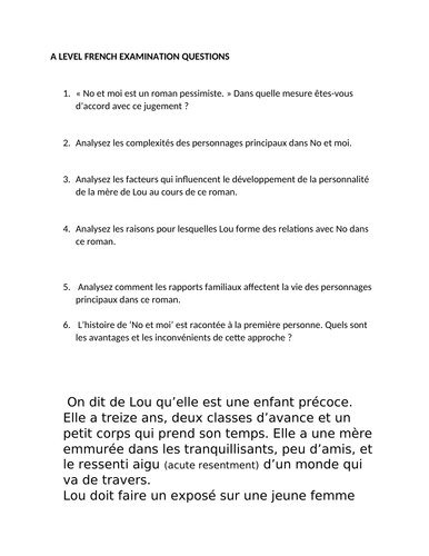 Delphine de Vigan : ‘No et moi’; a collection of exam questions A LEVEL FRENCH