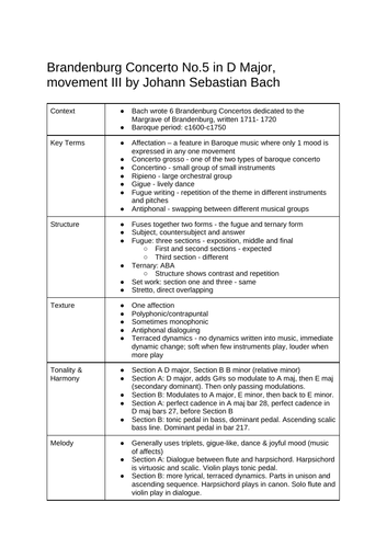 GCSE Music 3rd Movement from Brandenburg Concerto no. 5 in D major Set Work Revision Summary