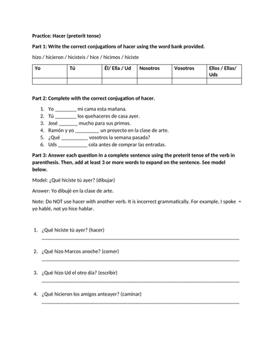 Hacer preterit practice worksheet