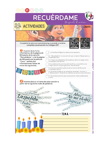 Coco Recuerdame Spanish Song Worksheet Teaching Resources