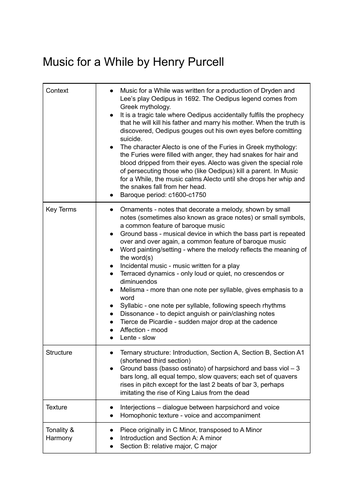 GCSE Music Music for a While Set Work Revision Summary