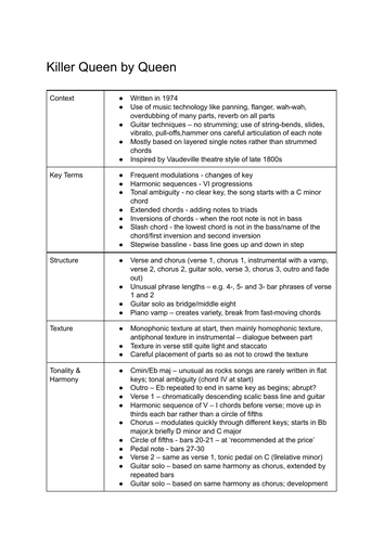 GCSE Music Killer Queen Set Work Revision Summary