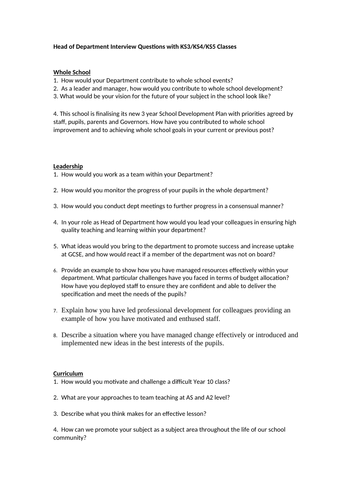 Head of Department/Subject Interview Questions