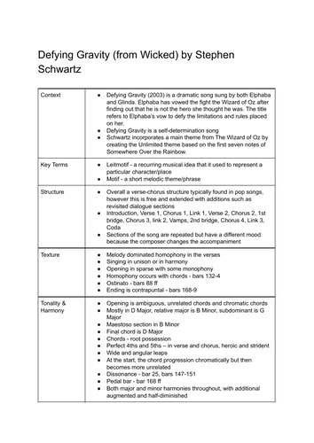 GCSE Music Defying Gravity Set Work Revision Summary