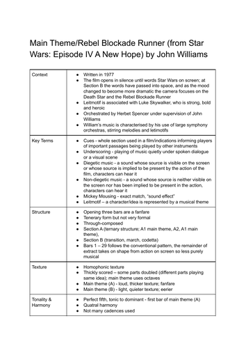 GCSE Music Main title/rebel blockade runner from Star Wars Set Work Revision Summary