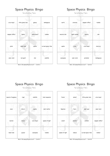 Space physics bingo