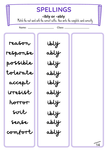 KS2 English: Spellings -ibly -ably