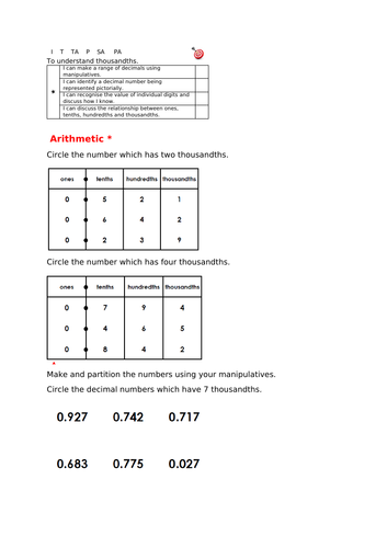 White Rose Thousandths decimals worksheets
