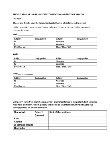 Preterit ar er ir verb conjugation and sentence worksheet