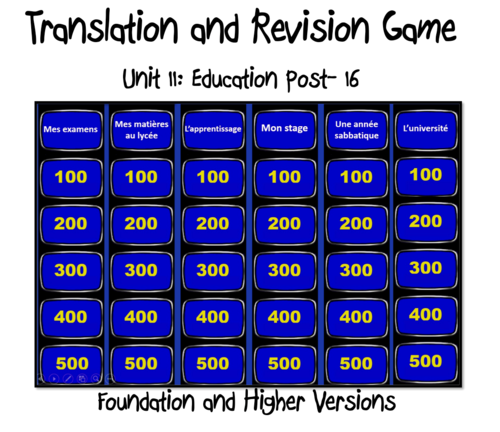 Translation and Revision Game- Unit 11- Education Post-16- GCSE French