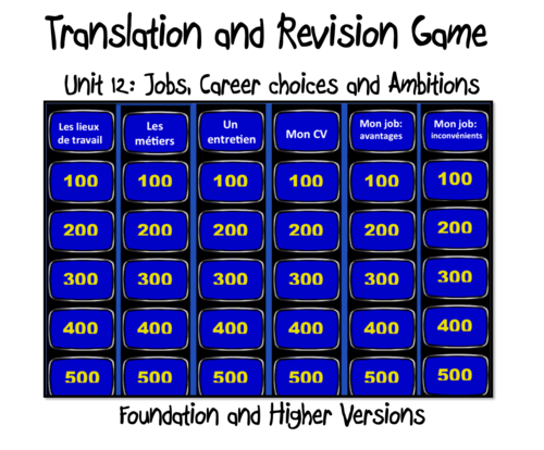 Translation and Revision Game- Unit 12- Jobs, Career choices and Ambitions- GCSE French