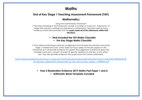 Maths End of Key Stage 1 Teaching Assessment Framework (TAF) including Pre-Key Stage Maths 2023
