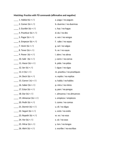 Tu commands affirmative and negative matching practice