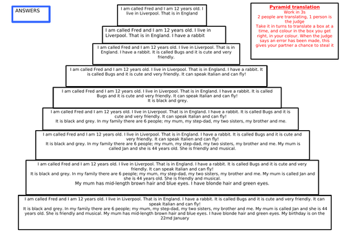 Pyramid translation - revision of chapter 2 Stimmt 1 - work in 3s