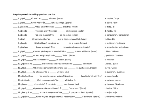 Irregular preterit questions matching practice