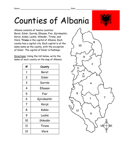 COUNTIES OF ALBANIA Printable Activity