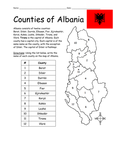 COUNTIES OF ALBANIA WORKSHEET