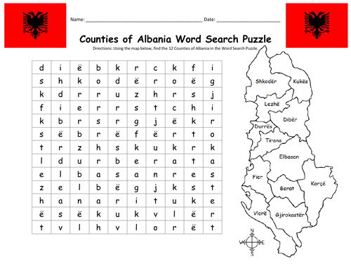 12 COUNTIES OF ALBANIA - MAP AND WORD SEARCH PUZZLE