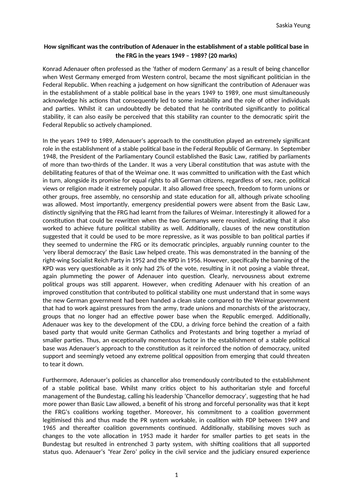 Contribution of Adenauer in the establishment of a stable political base in the FRG in 1949 – 1989?