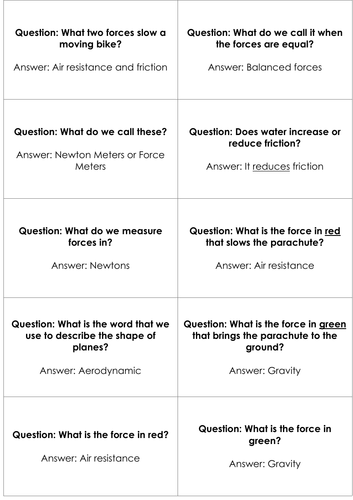 Forces - unit review game - quiz, quiz trade cards