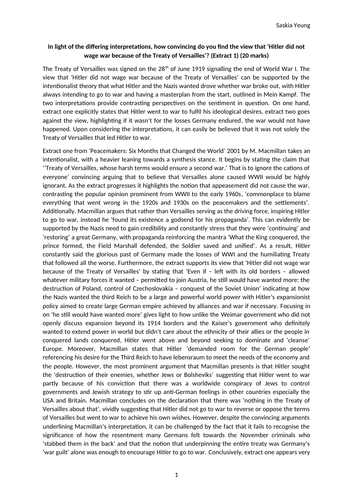 How convincing  ‘Hitler did not did not wage war because of the Treaty of Versailles’? (Extract 1)