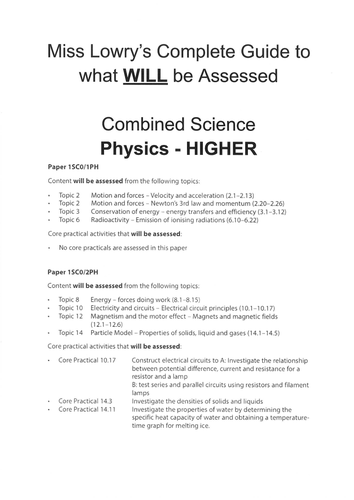 Edexcel Combined Science (Physics) Workbook HIGHER