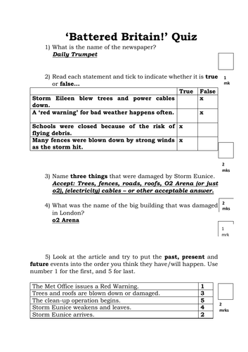 Year 5/6 Newspaper  Reading Comprehension - Storm Eunice (and bonus GPS)