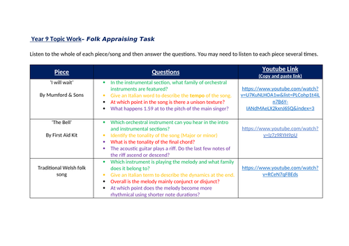 Folk Music Appraising/Listening Worksheet with answers