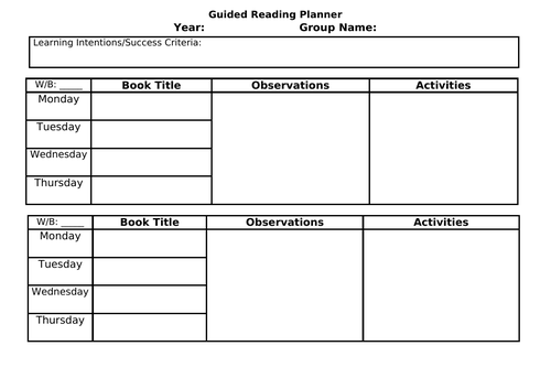Blank Guided Reading Planner