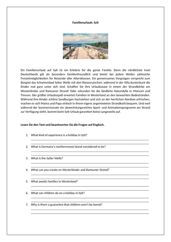 AQA/EDEXCEL Stimmt GCSE German (Higher) – Kapitel 6 - Willkommen auf Sylt! - Worksheet