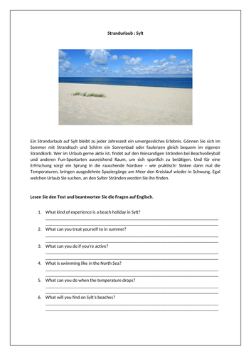 AQA/EDEXCEL Stimmt GCSE German (Higher) – Kapitel 6 - Willkommen auf Sylt! - Worksheet