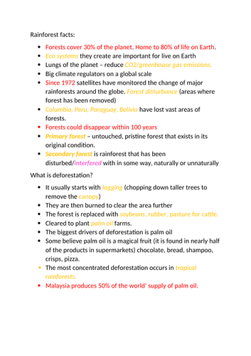 Deforestation colour  coded fact sheet for balanced argument