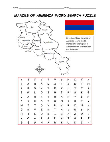 MARZES OF ARMENIA - MAP AND WORD SEARCH PUZZLE