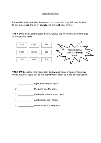 KS2 Worksheet - Imperative Verbs 2 (2 versions)